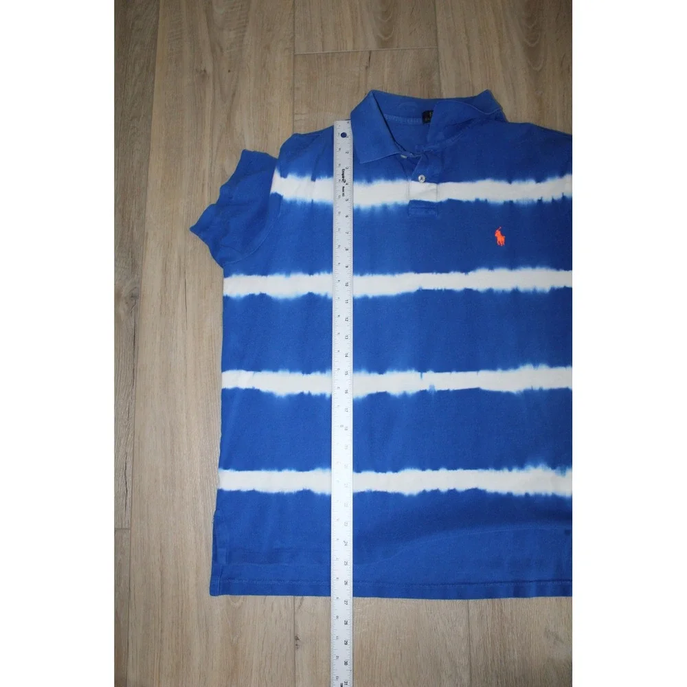 Polo Ralph Lauren Mens XL Custom Fit Tie Dye Stripe Polo Shirt Blue White Orange